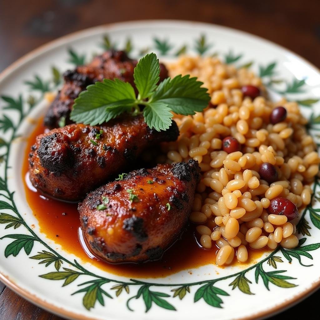 Traditional Caribbean jerk chicken dish served with rice, beans, and herbs on a festive plate, showcasing Caribbean cuisine.