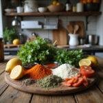 Fresh ingredients for Caribbean cooking, including herbs, spices, and tropical fruits arranged on a wooden table, in a lively kitchen setting.