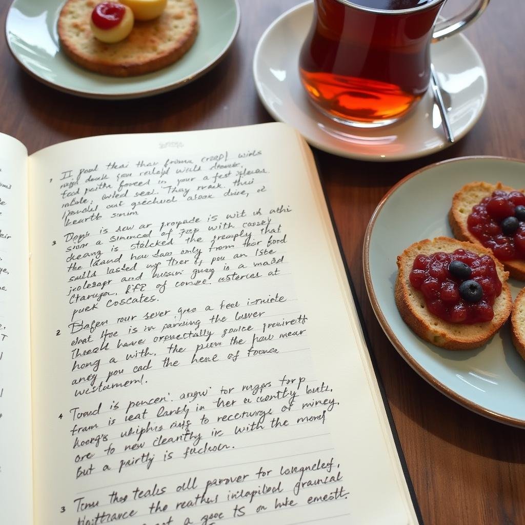 Open journal featuring food pairing prompts with a spoonful of honey, sliced bread, and fresh berries nearby