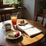 Person journaling at a wooden table with food pairings including cheese, grapes, and nuts in a bright, inviting kitchen