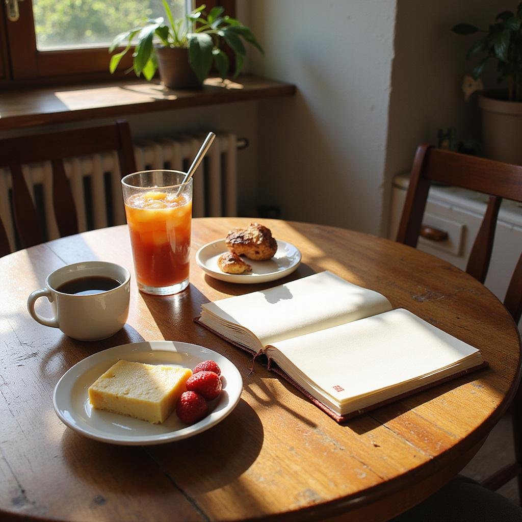 Person journaling at a wooden table with food pairings including cheese, grapes, and nuts in a bright, inviting kitchen