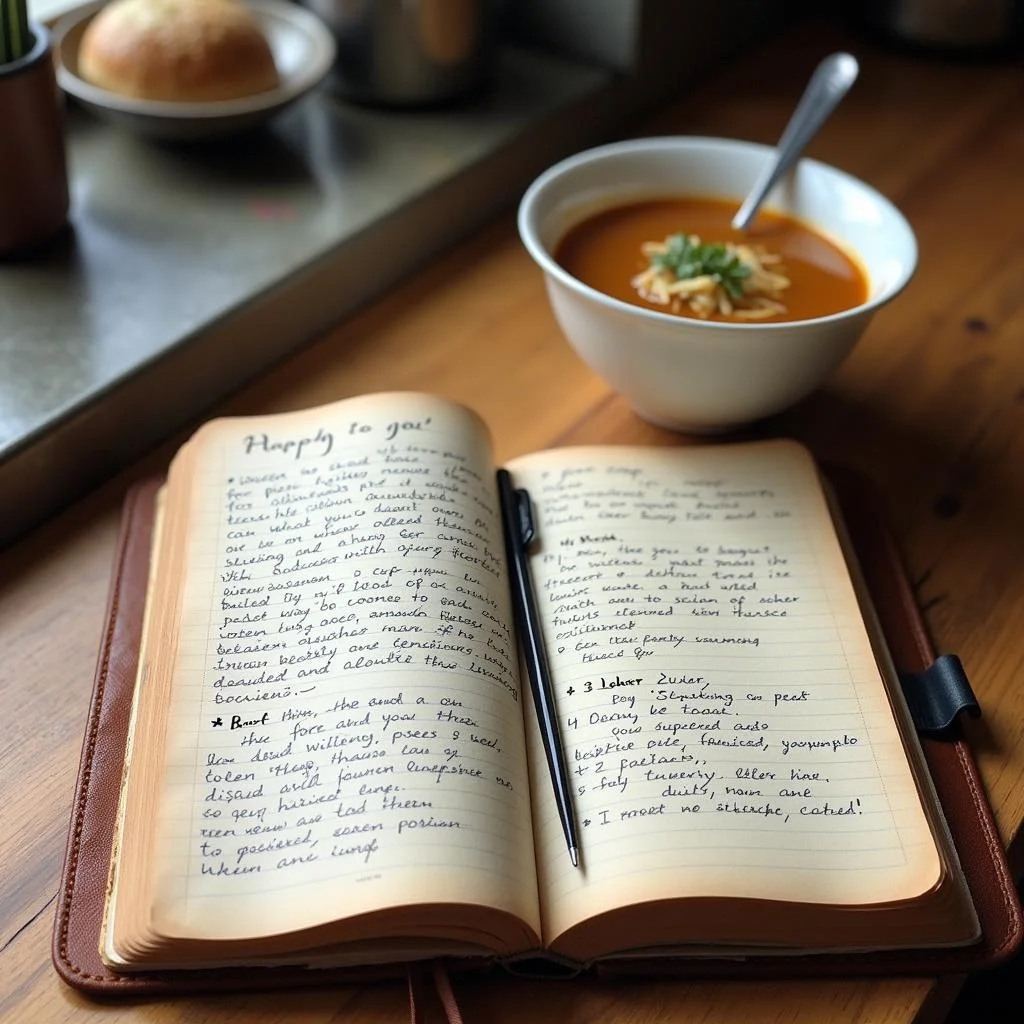 Open journal with cooking prompts and a bowl of soup on the table, inspiring mental clarity through journaling and cooking.