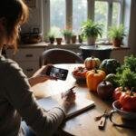 Person journaling at kitchen table with vegetables and cooking tools, promoting mental clarity through cooking prompts.