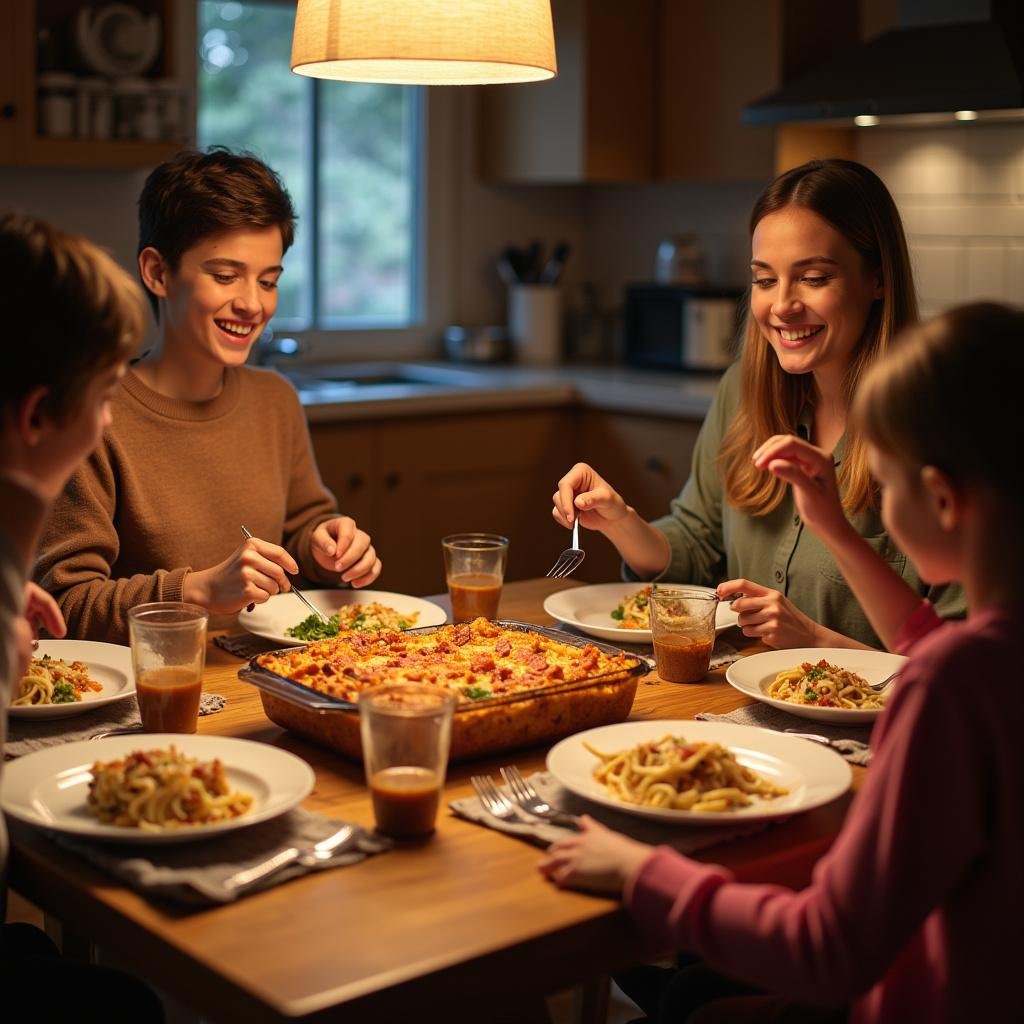 A family gathered around the dining table eating a homemade vegetable lasagna, showing a kid-friendly yet sophisticated dinner