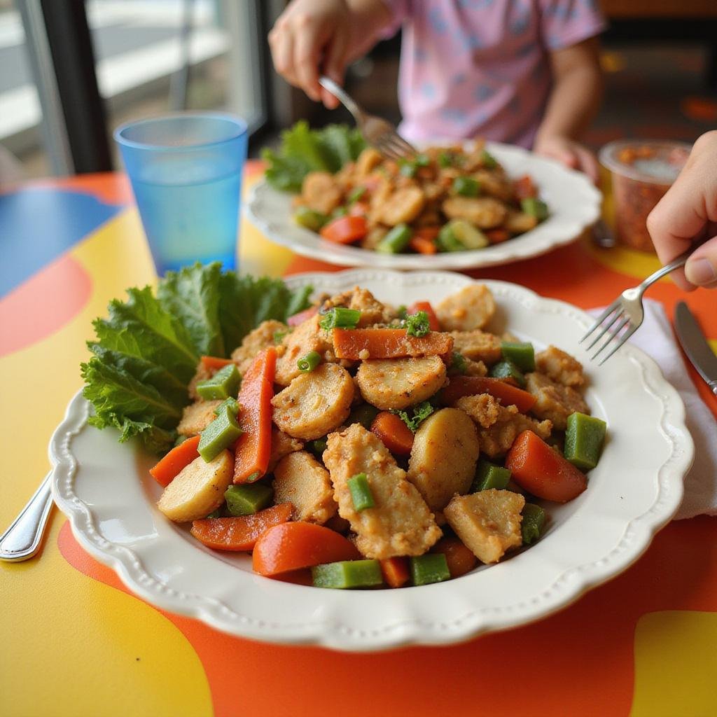 A vibrant plate of chicken stir-fry with vegetables, designed to appeal to children with a healthy and colorful presentation
