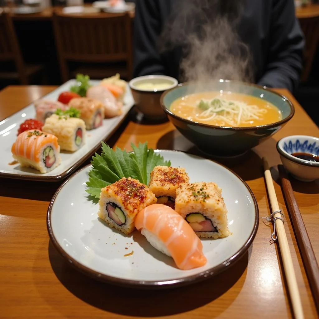 Close-up of sushi and noodle dish at King Noodle & Sushi House emphasizing fresh fish and noodles