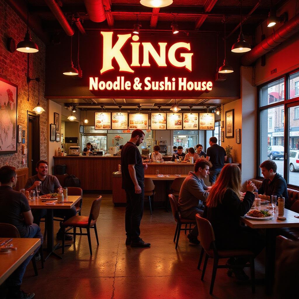 Interior of King Noodle & Sushi House restaurant showing dining area with customers and illuminated sign