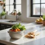 Kitchen composting bin with vegetable scraps on a modern kitchen countertop, eco-friendly bamboo utensils, natural light