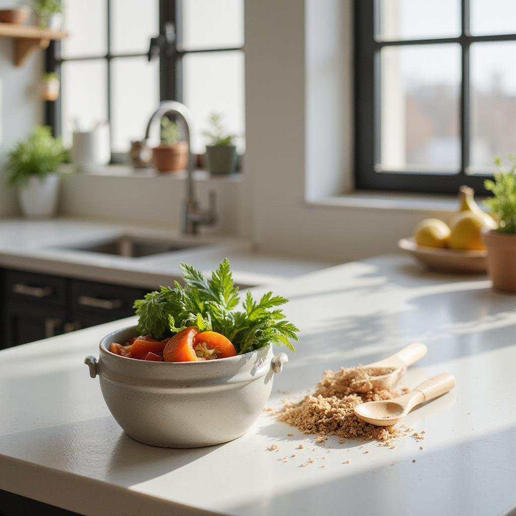Kitchen composting bin with vegetable scraps on a modern kitchen countertop, eco-friendly bamboo utensils, natural light