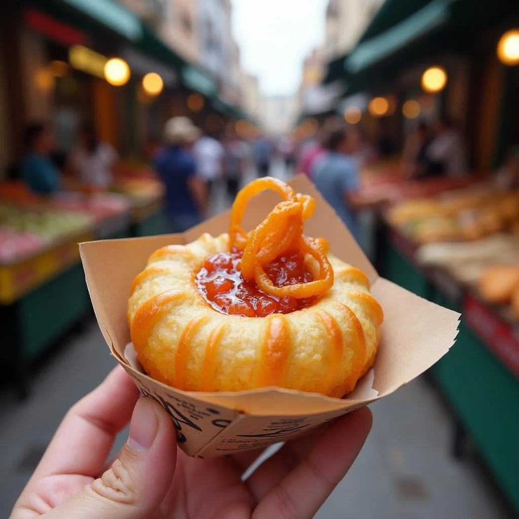 Close-up of hand holding a traditional Latin American snack like a filled pastry or tamarind treat, with a bustling market scene in the background.