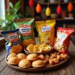 Colorful display of Latin American snacks like plantain chips, tamarind candies, and empanadas on a wooden table, vibrant and inviting.