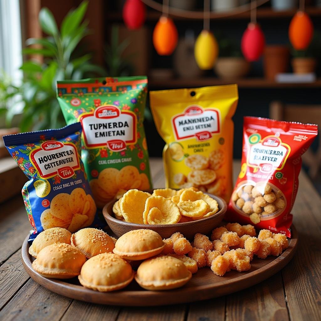 Colorful display of Latin American snacks like plantain chips, tamarind candies, and empanadas on a wooden table, vibrant and inviting.