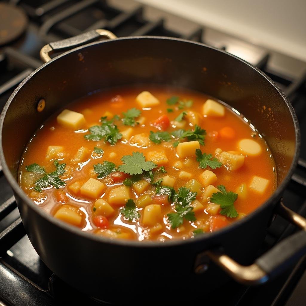 Cooking homemade soup using vegetable scraps and leftovers in a large kitchen pot