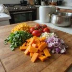 Close-up of chopped vegetable scraps and leftover ingredients on a cutting board in a cozy kitchen