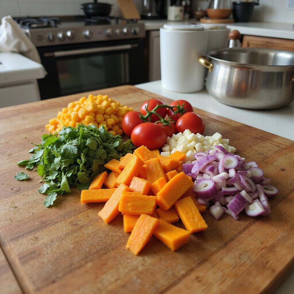 Close-up of chopped vegetable scraps and leftover ingredients on a cutting board in a cozy kitchen