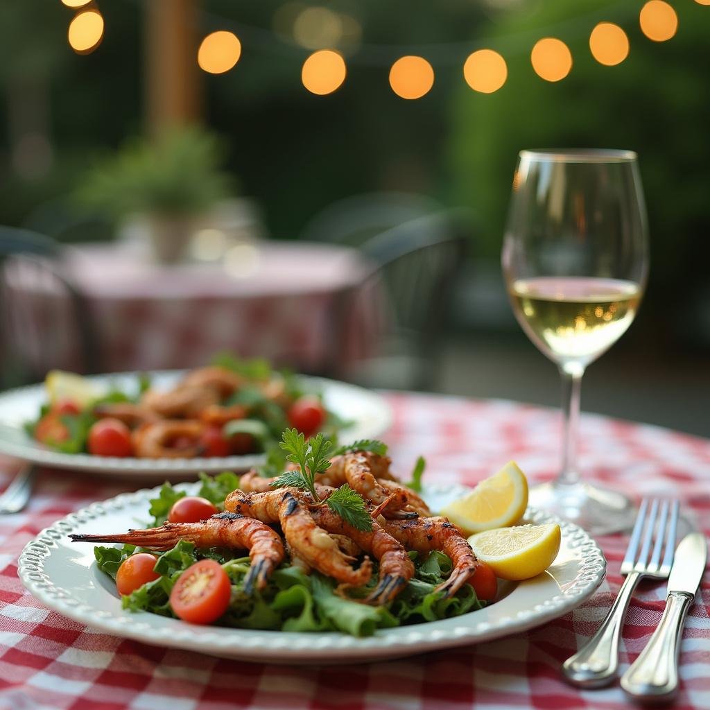 Healthy summer dinner plate with fresh vegetables, grilled seafood, and a glass of white wine on a patio with string lights