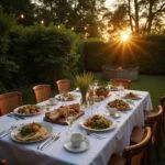 Outdoor dinner table at sunset with light summer dishes, greenery, and soft lighting, ideal for long summer nights
