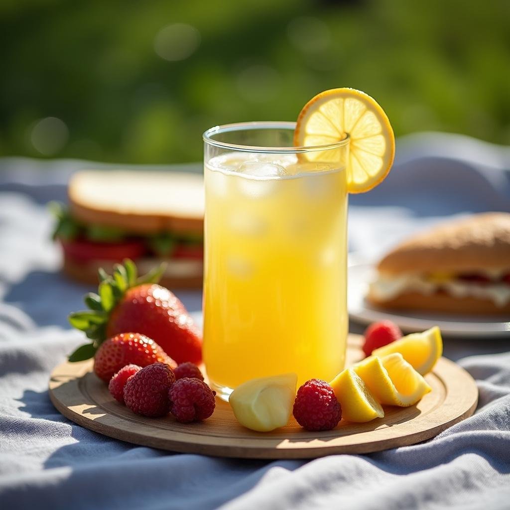 Refreshing lemonade with fruit and light sandwich on picnic blanket, perfect summer meal