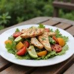 Fresh summer salad with vegetables and grilled chicken on a sunny outdoor table, healthy light meal