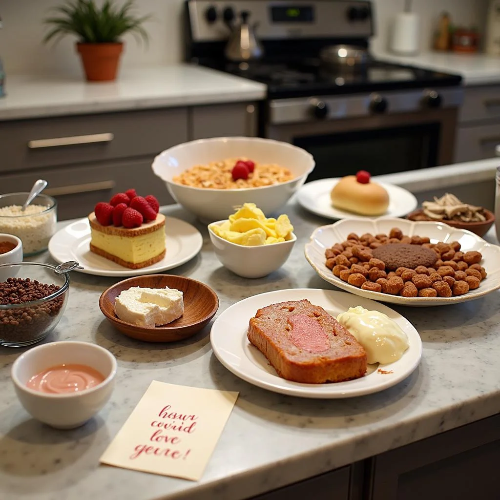Kitchen with ingredients and dishes representing different love languages, highlighting the connection between love expressions and cooking.