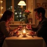Couple enjoying a romantic dinner with dishes symbolizing their love languages, seated at a cozy table.