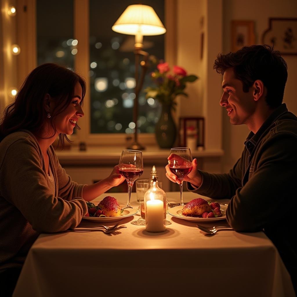 Couple enjoying a romantic dinner with dishes symbolizing their love languages, seated at a cozy table.