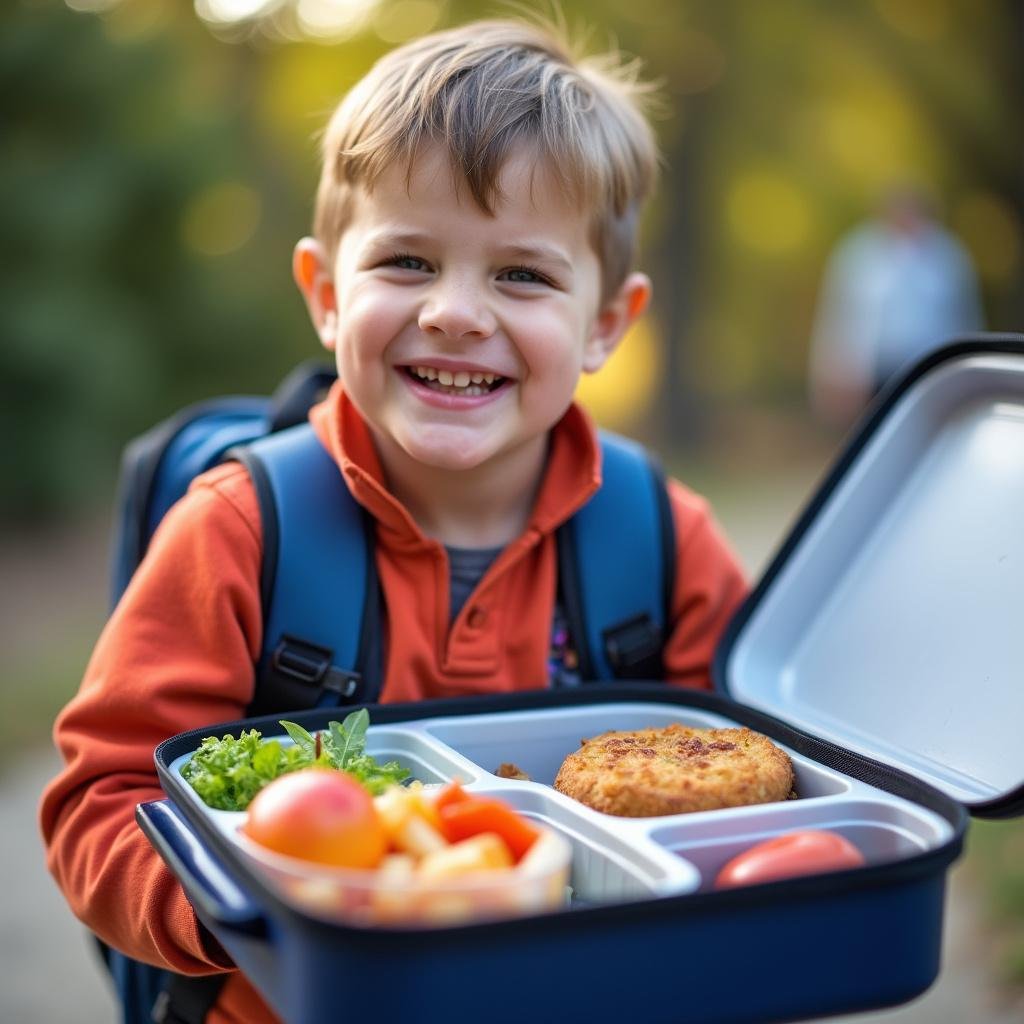Happy kid opening a lunchbox containing delicious and appealing lunch foods at school.
