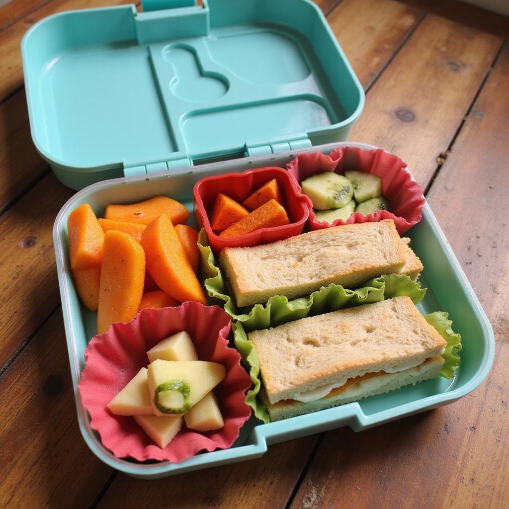A vibrant lunchbox filled with sandwiches, sliced fruits, and vegetable sticks ready for kids to enjoy.