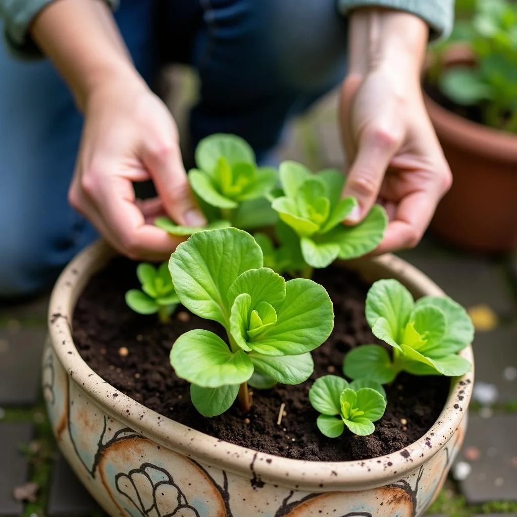 Planting lettuce in containers to grow fresh vegetables at home amid outdoor surroundings
