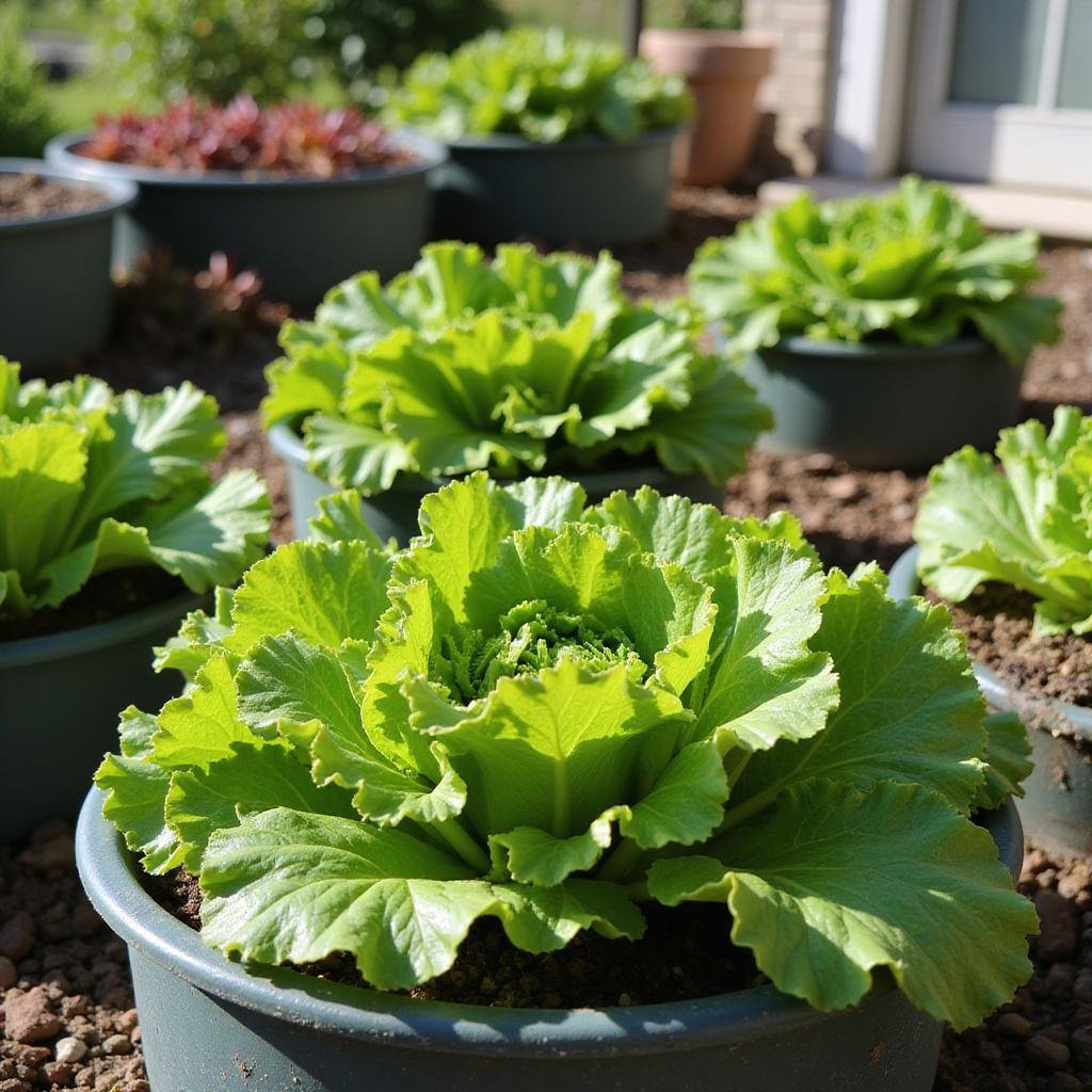 Growing lettuce in containers in a sunny outdoor garden setting with healthy, leafy greens
