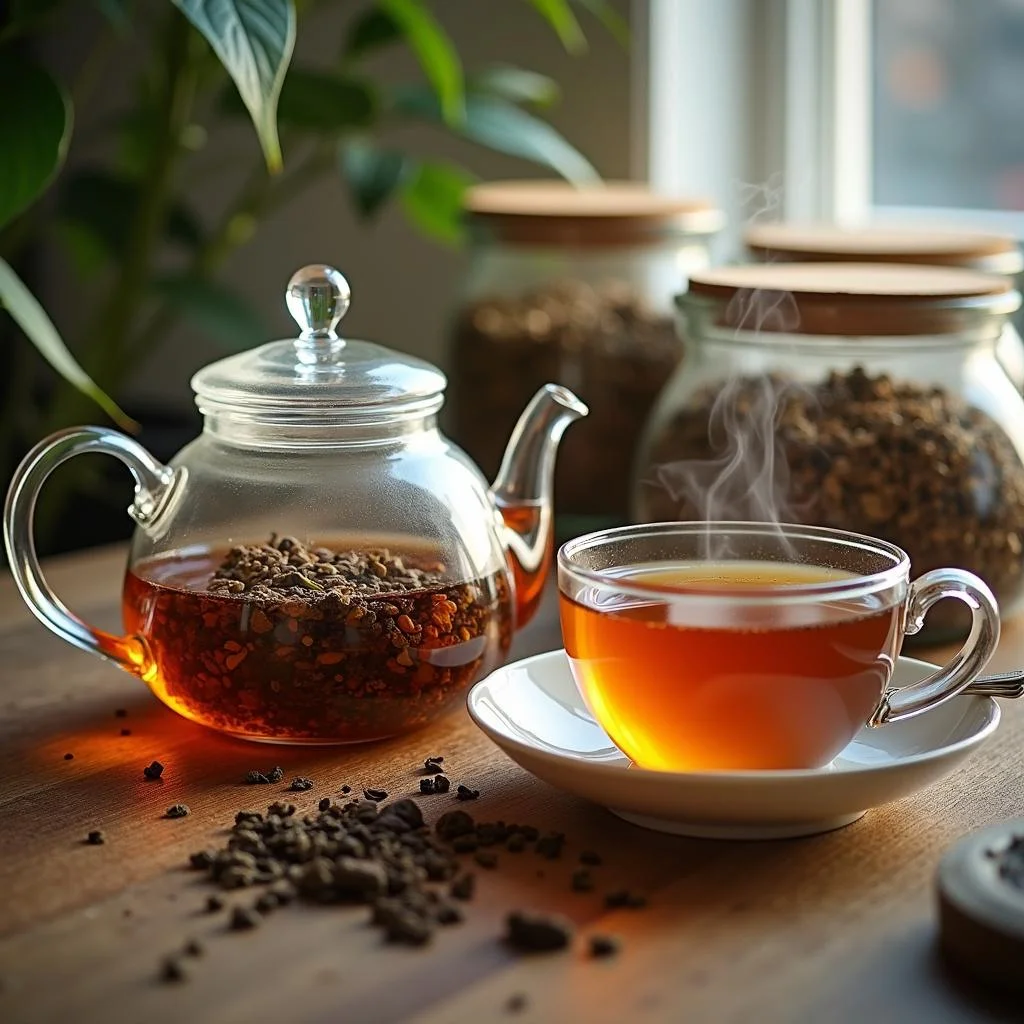 A glass teapot and cup of herbal tea on a table with dried herbs for creating herbal tea blends