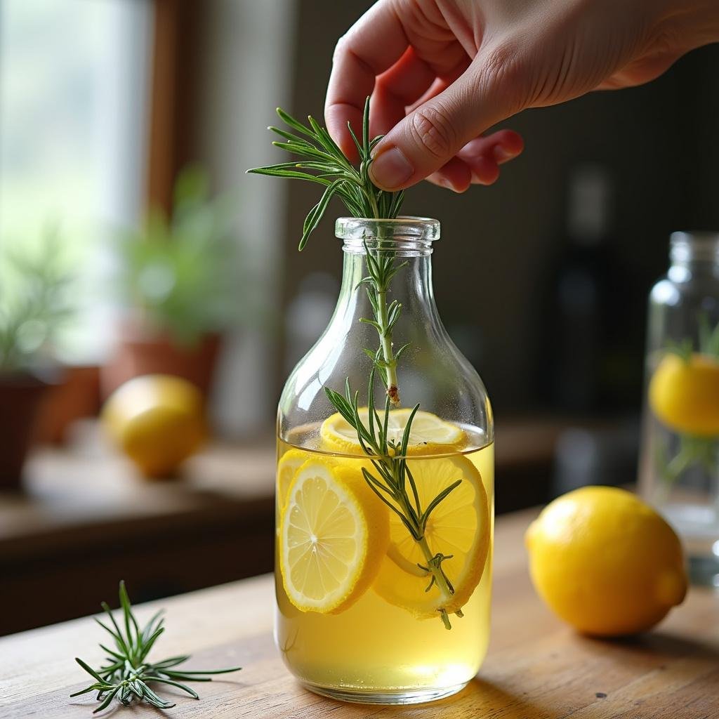 Person adding rosemary and lemon slices into a bottle of vinegar for infusion
