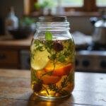 Homemade infused vinegar with herbs and fruits in a glass jar on a kitchen countertop