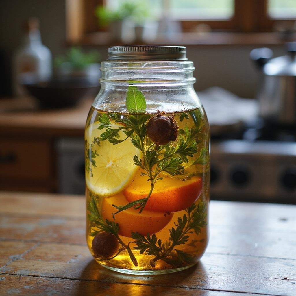 Homemade infused vinegar with herbs and fruits in a glass jar on a kitchen countertop
