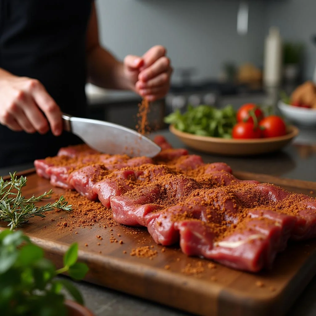 Person preparing homemade shawarma with marinated meat and spices in a kitchen