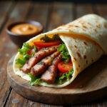 Homemade Middle Eastern shawarma wrap with grilled meat, vegetables, and tahini sauce on wooden table
