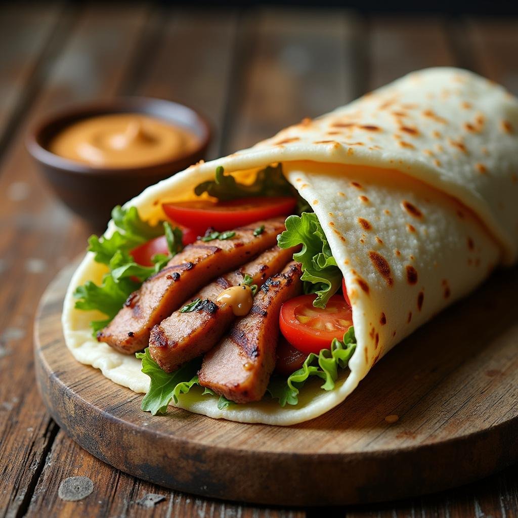 Homemade Middle Eastern shawarma wrap with grilled meat, vegetables, and tahini sauce on wooden table