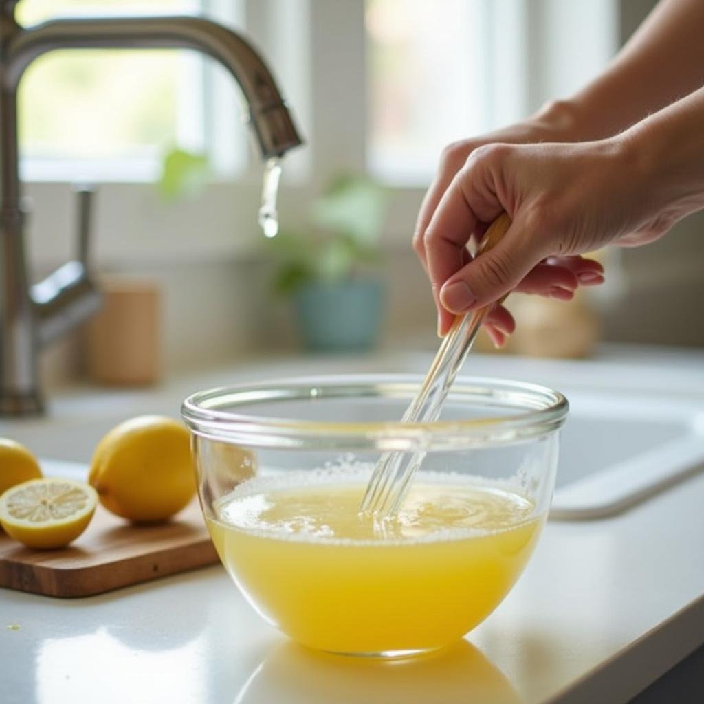 Close-up of hand stirring homemade natural dish soap with natural ingredients on a bright kitchen counter