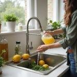 Person pouring homemade natural dish soap into a kitchen sink with lemons and herbs, eco-friendly bottles nearby