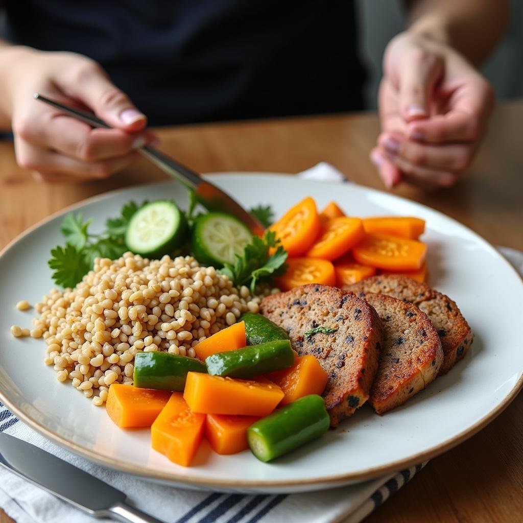 Plate of nutritious meal with vegetables, proteins, and grains, promoting focus and healthy eating.