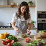 Person meal prepping healthy food containers with vegetables, grains, and protein sources for better focus.