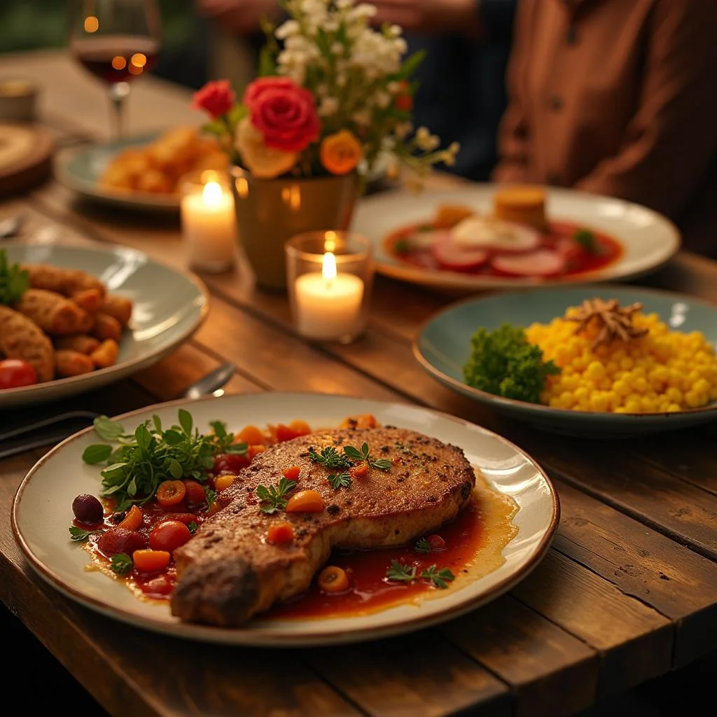 Colorful plated meal on a rustic table with candles and flowers, symbolizing memorable dining experiences with loved ones.