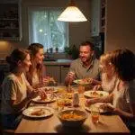 Family enjoying a meal together at the dinner table in a cozy kitchen, creating happy memories.