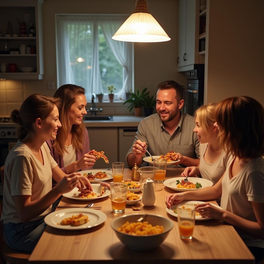 Family enjoying a meal together at the dinner table in a cozy kitchen, creating happy memories.