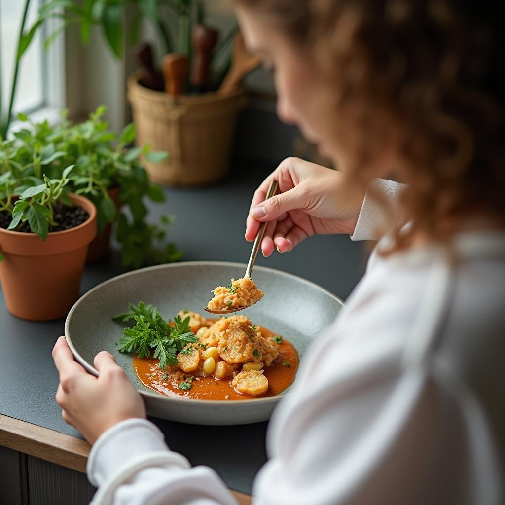 Individual practicing mindful eating in a peaceful kitchen, enjoying their meal thoughtfully.