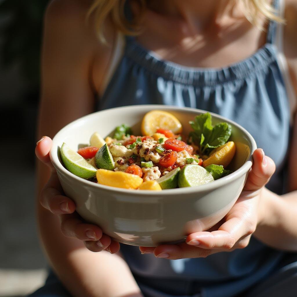 Person practicing mindful eating with a vibrant bowl of healthy food, showcasing focus and tranquility.