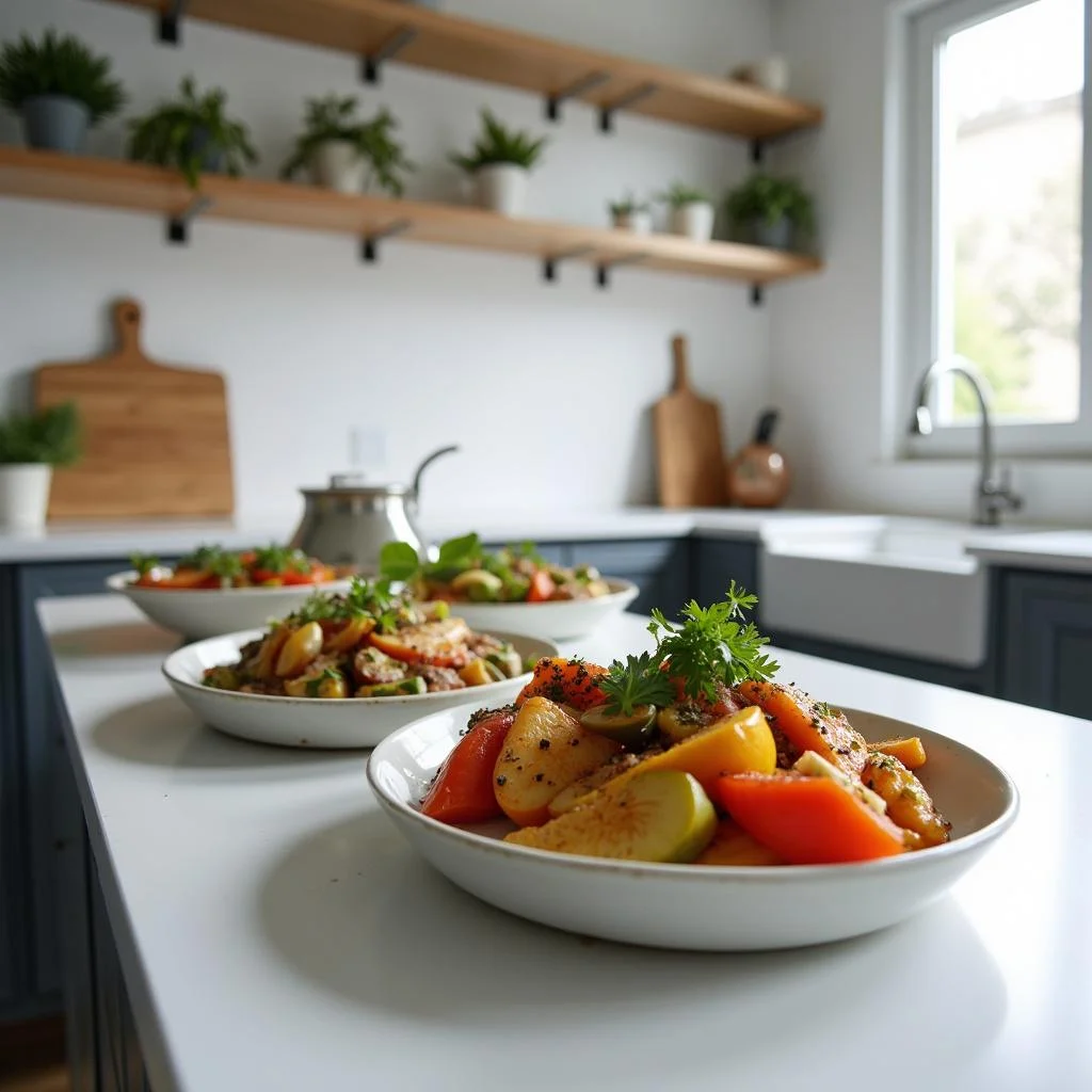 Minimalist holiday meal preparation with healthy dishes on a modern kitchen counter