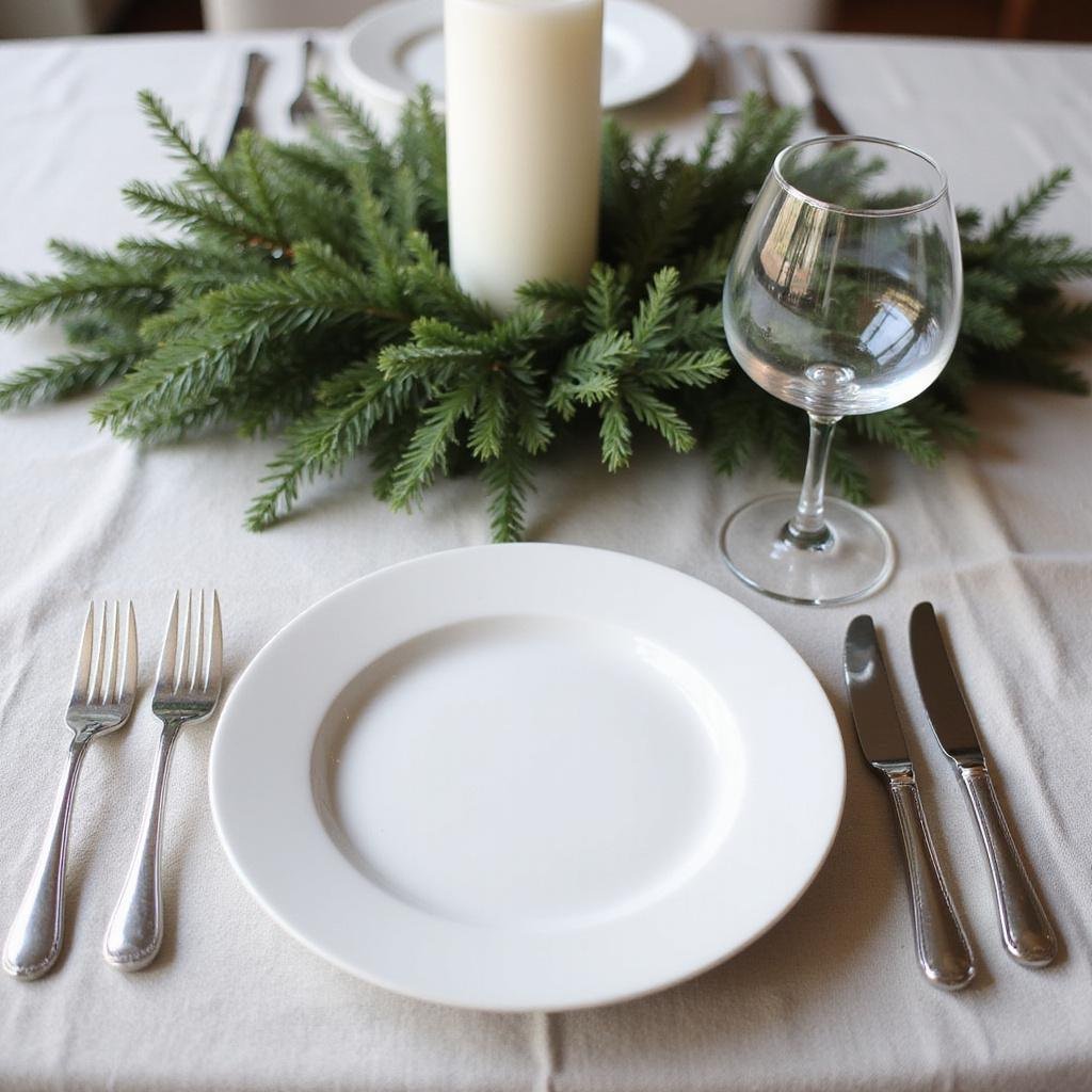 Minimalist holiday meal table setting with simple white plate, silverware, greenery, and candles