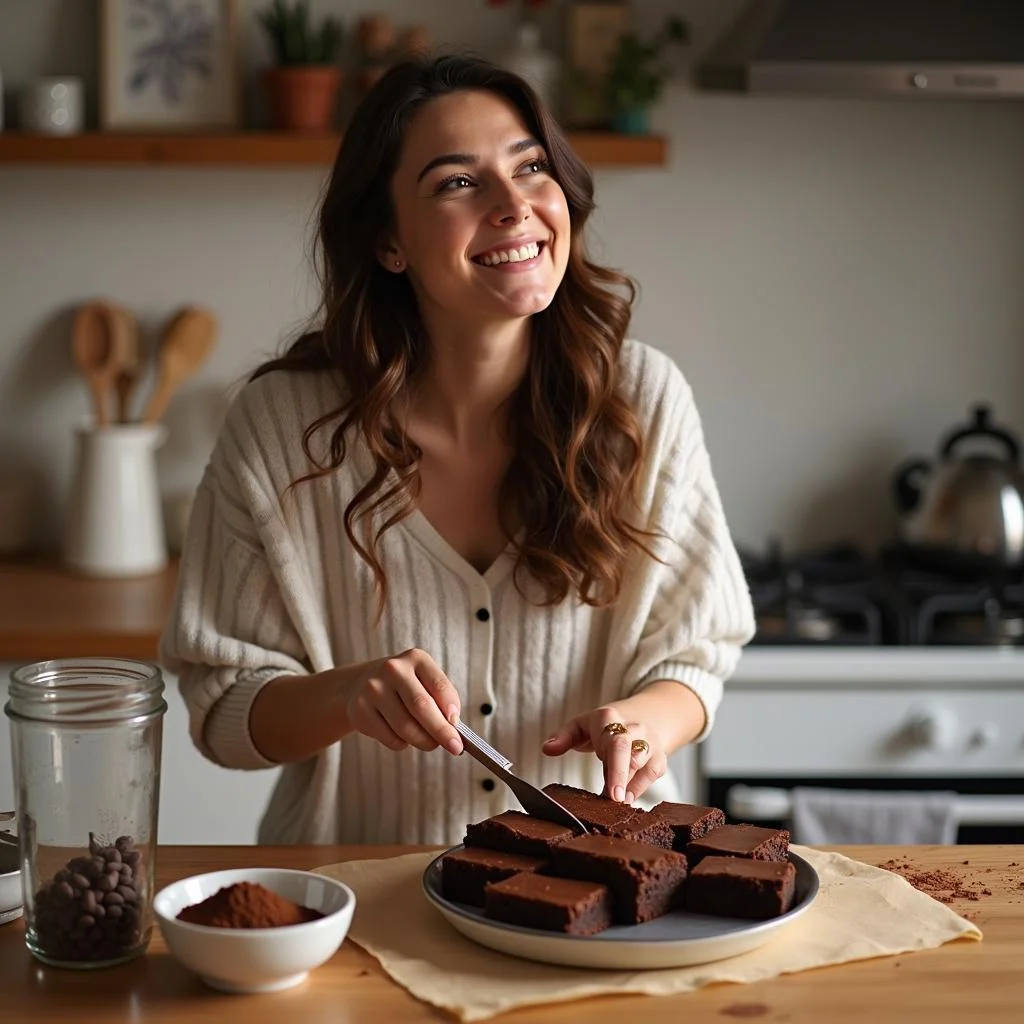 Person baking chocolate brownies in a kitchen, emphasizing mood-boosting chocolate recipes and joyful activity.