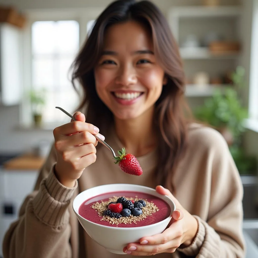 Happy individual eating a nutritious smoothie filled with berries and seeds, promoting mood health in a cheerful kitchen environment.